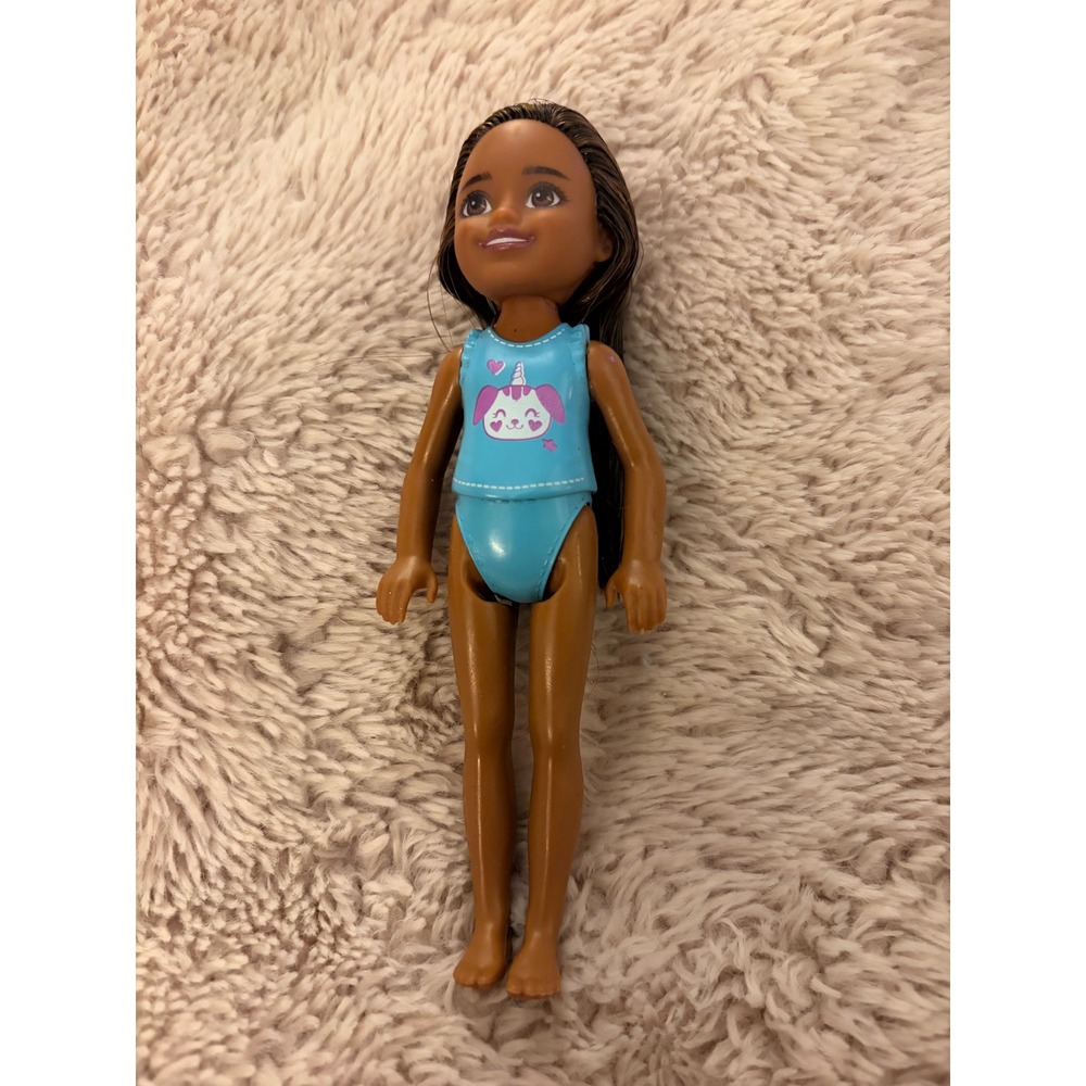 Barbie Chelsea Doll Brunette Long Hair Teal Molded Swimsuit Unicorn Puppy‎ 2016